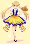  1girl anklet blonde_hair bubble_skirt drink drinking_straw flat_chest food_themed_clothes green_eyes hair_ornament highres jewelry long_hair no_socks orange_peel orange_slice orangina personification see-through skirt solo tray tsuka_(tsuka0808) waitress 