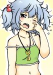  1girl bare_arms bare_shoulders blue_eyes blue_hair blush breasts chemise cleavage collarbone hair_bobbles hair_ornament highres kawashiro_nitori meme-tan_(bana_nan26) messy_hair midriff millipen_(medium) navel off_shoulder open_mouth rubbing_eyes solo strap_slip tears touhou traditional_media twintails waking_up 