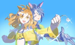  2girls ahoge animal_ears black_gloves black_hair blazer blush bow braid brown_hair chest_bow crop_top cropped_jacket ear_covers ear_ornament fang fangs fangs_out gloves gradient_background gradient_eyes gradient_sky green_suspenders hair_between_eyes hair_ornament hair_over_one_eye hairclip half_up_braid highres holding holding_jewelry holding_necklace horse_ears horse_girl jacket jewelry jungle_pocket_(umamusume) long_sleeves medium_hair multicolored_eyes multicolored_hair multiple_girls multiple_hair_clips necklace notched_ear one_eye_closed open_clothes open_hand open_mouth pixie_cut short_hair simple_background sky smile sparkle streaked_hair suspenders twitter_username umamusume umamusume:_beginning_of_a_new_era ummsm_88 underbust upper_body water white_streaks wrist_cuffs yellow_jacket 