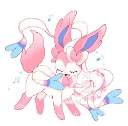  animal_focus closed_eyes commentary fang full_body highres maaari_pkmn musical_note no_humans open_mouth pokemon pokemon_(creature) pokemon_focus smile solo sylveon symbol-only_commentary 