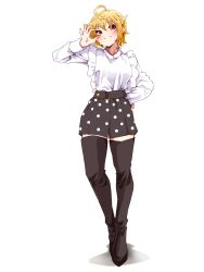  1girl absurdres ahoge black_boots black_skirt blonde_hair boots clark_grimms closed_mouth full_body hair_flaps hand_up highres ibuki_tsubasa idolmaster idolmaster_million_live! long_sleeves looking_at_viewer pink_eyes polka_dot polka_dot_skirt shadow shirt shirt_tucked_in short_hair simple_background skirt smile solo standing thigh_boots white_background white_shirt zettai_ryouiki 