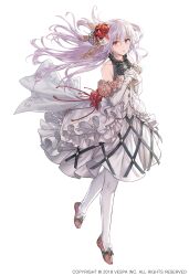  1girl blush bridal_veil bride crying dress dress_flower elbow_gloves flower frilled_dress frills full_body gloves grey_hair hair_flower hair_ornament highres jaeyun jane_(king&#039;s_raid) king&#039;s_raid long_hair official_alternate_costume official_art pantyhose pink_flower pink_shoes red_eyes red_flower shoes solo spider_lily strapless strapless_dress streaming_tears tears veil wedding_dress white_dress white_gloves white_pantyhose 
