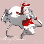 1girl ahoge artist_request bow christmas detached_sleeves flat_chest forehead_jewel french-bread hairband high_heels huge_ahoge long_hair low_twintails merkava_(under_night_in-birth) merry_christmas miniboy red_eyes sack santa_costume signature simple_background solo_focus stiletto_heels thigh-highs twintails under_night_in-birth vatista very_long_hair white_hair white_legwear 