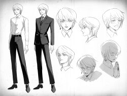 63roku63 alternate_universe belt blush closed_mouth formal_clothes greyscale highres hunter_x_hunter kurapika lips monochrome necktie pants parted_lips shoes smile suit 