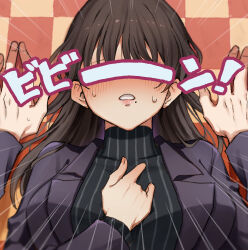  1boy 1girl aijou_rentarou black_jacket black_sweater blush brown_hair checkered_background commentary_request covered_eyes emphasis_lines hand_blush hand_on_own_chest highres hiiro_(kiiro_ex) jacket kakure_meme kimi_no_koto_ga_dai_dai_dai_dai_daisuki_na_100-nin_no_kanojo long_hair mole mole_under_mouth ohananomitsu_high_school_uniform out_of_frame parted_lips pinned pov scene_reference school_uniform sweat sweater turtleneck turtleneck_sweater twitter_username 