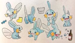  blue_eyes boots bottle bubble_(pokemon) bucket full_body happy mint_nappa mudkip no_humans nostrils open_mouth pokemon pokemon_(creature) rare_candy rubber_boots simple_background smile white_background 