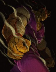  1boy antenna_hair aura bare_shoulders black_background clenched_hands colored_skin cowboy_shot dougi dragon_ball dragon_ball_super dragon_ball_super_super_hero eye_trail highres light_trail male_focus muscular muscular_male nagare_seiya no_eyebrows orange_piccolo orange_skin pants piccolo purple_pants purple_shirt red_eyes shirt simple_background solo v-neck 