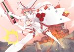  atto_youhei breasts bullet_casing cleavage elphelt_valentine explosion gloves green_eyes guilty_gear guilty_gear_xrd gun pink_hair thigh-highs weapon 