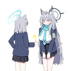  2girls absurdres adon_(dufaladanidu) animal_ear_fluff animal_ears black_skirt blazer blue_archive blue_halo blue_necktie blue_scarf blush breasts closed_eyes closed_mouth cross_hair_ornament extra_ears grey_hair hair_between_eyes hair_ornament halo highres jacket large_breasts long_hair multiple_girls necktie scarf shiroko_(blue_archive) shiroko_terror_(blue_archive) shirt_tucked_in simple_background skirt standing thumbs_up very_long_hair white_background wolf_ears 