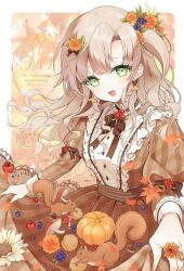  1girl :d acorn apple autumn autumn_leaves brown_dress brown_hair dress earrings flower flower_earrings food food-themed_earrings frills fruit green_eyes hair_flower hair_ornament highres jewelry leaf long_hair long_sleeves looking_at_viewer maple_leaf neck_ribbon open_mouth original plaid_clothes plaid_dress puffy_sleeves re_f_la ribbon skirt_basket smile solo squirrel 