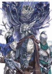  4boys arm_up armor artist_name artorias_the_abysswalker bearer_of_the_curse black_cape blue_hood blue_scarf breastplate brown_gloves cape covered_face elden_ring elden_ring_nightreign gloves helm helmet heolstor_the_nightlord highres holding holding_sword holding_weapon knight multiple_boys pauldrons plume scarf shoulder_armor spiked_helmet surcoat sword weapon white_background winged_helmet wylder_(elden_ring) yujia0412 