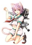  :d animal_ears blush cat_ears cat_tail hand_on_thigh kantai_collection kemonomimi_mode looking_at_viewer machinery midriff neckerchief open_mouth paw_pose purple_hair red_eyes sailor_collar school_uniform serafuku short_hair shorts simple_background smile tail tama_(kantai_collection) white_background x_na 