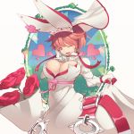  blue_eyes bouquet breasts cleavage curtsey earrings elphelt_valentine flower gloves guilty_gear hand_on_own_cheek heart jewelry large_breasts open_mouth pink_hair rose shivu_(mochi) short_hair smile spikes tagme 