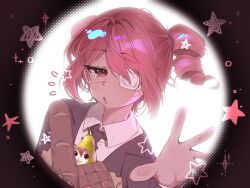  1girl bag baguette black_jacket black_necktie bread closed_mouth collared_shirt commentary danchoo drill_hair eyepatch food fruit highres jacket looking_at_viewer medical_eyepatch monitoring_(vocaloid) necktie open_mouth paper_bag pear pearto pov_peephole red_eyes red_hair shirt simple_background smile star_(symbol) symbol-only_commentary twin_drills utau white_background white_shirt 