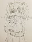  1girl blush breasts eating headphones huge_breasts looking_at_viewer monochrome nitroplus open_mouth plump pocky ribbed_sweater short_hair solo super_pochaco sweater tsuji_santa twintails 