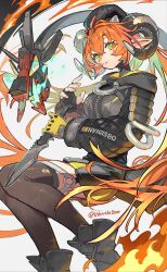 2girls black_hat black_shrug black_thighhighs breasts fingerless_gloves fire gloves goat_horns green_eyes hat holding holding_knife horns knife large_breasts looking_at_viewer magus_(zenless_zone_zero) multiple_girls orange_hair orphie_magnusson shrug_(clothing) thigh-highs twintails twitter_username ushinoki yellow_eyes zenless_zone_zero 