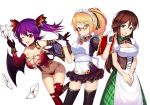  3girls apron blonde_hair blue_eyes blush breasts brown_hair cleavage collar demon_girl demon_wings elbow_gloves glasses gloves green_eyes letter long_hair looking_at_viewer maid maid_headdress multiple_girls official_art original ponytail purple_hair ratio_(ratio-d) red_eyes smile thigh-highs twintails wings 