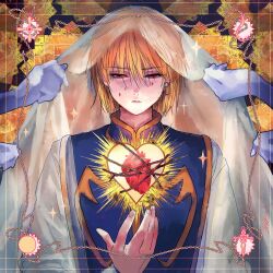  1boy blonde_hair blue_tabard chain closed_mouth commentary_request earrings fingernails hair_between_eyes heart_(organ) highres huangdanlan hunter_x_hunter jewelry kurapika male_focus red_eyes shirt short_hair solo tabard veil white_shirt 