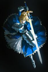  1boy 1girl absurdres ahoge ai-assisted armor armored_boots armored_dress artoria_pendragon_(fate) black_background blonde_hair blue_dress boots braid braided_bun breastplate bun_with_braided_base dress excalibur_(fate/stay_night) fate_(series) faulds gauntlets gloves glowing glowing_sword glowing_weapon green_eyes hair_bun hair_ribbon highres holding holding_sword holding_weapon long_sleeves looking_at_viewer luby_lili partially_shaded_face ribbon saber_(fate) shadow sidelocks solo sword two-tone_dress weapon white_dress 