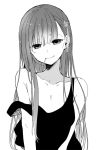  1boy bare_shoulders candy hair_ornament lollipop long_hair looking_at_viewer monochrome mouth_hold off_shoulder original sakiyo_cake simple_background smile tank_top trap white_background 
