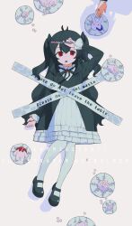  1girl absurdres ahoge arm_up black_dress black_hair black_ribbon black_shoes dress flower frilled_dress frilled_sleeves frills full_body hair_between_eyes highres holding holding_scalpel long_hair long_sleeves looking_at_viewer lying mary_janes multicolored_hair neck_ribbon on_back open_mouth original oversleep pantyhose red_eyes ribbon scalpel shoes solo_focus twintails two-tone_hair two_side_up very_long_hair white_dress white_pantyhose 