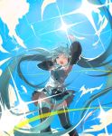  1girl absurdly_long_hair aqua_eyes aqua_hair arms_up detached_sleeves df=6 floating_hair hatsune_miku headset long_hair necktie one_eye_closed open_mouth panties skirt sky solo striped striped_panties thigh-highs twintails underwear upskirt very_long_hair vocaloid 