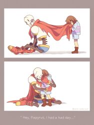  1boy 1other 2024 2d 2koma ambiguous_gender ankle_boots arm_support armor artist_name blue_shirt blue_shorts boots border brown_boots brown_border brown_hair cape closed_eyes comic digital_media duo english_text frisk_(undertale) gloves height_difference highres horizontal-striped_clothes hug human humanoid male monster monster_boy papyrus_(undertale) pink_stripes red_cape red_gloves sad sequential shadow shirt short_hair shorts simple_background sitting skeleton soto_undertale standing striped_clothes striped_shirt teeth text twitter_username two-tone_shirt undead undertale utdr_(toby_fox) wariza white_armor white_background 