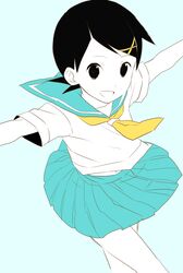  1girl ekra fuura_kafuka hair_ornament hairclip looking_at_viewer neckerchief open_mouth outstretched_arms sayonara_zetsubou_sensei school_uniform serafuku short_hair skirt smile solo spot_color 