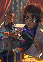  2boys :o animal_ears black_eyes black_hair black_shirt bow bowtie brown_hair carrot confetti curtained_hair curtains eating fang grabbing_another&#039;s_ear hair_slicked_back hand_on_another&#039;s_ear hat heathcliff_(project_moon) highres holding holding_carrot holding_stick kemonomimi_mode killerohan limbus_company looking_at_another magician meursault_(project_moon) mini_person miniboy multiple_boys multiple_scars oversized_object project_moon rabbit_ears rabbit_tail scar scar_on_face scar_on_hand shadow shirt short_hair sideburns star_(symbol) star_print stick streamers suit tail top_hat vest violet_eyes wand white_suit white_vest 