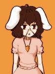  1girl animal_ears brown_hair carrot carrot_necklace dress inaba_tewi orange_background pocky rabbit_ears red_eyes short_hair simple_background solo touhou triangle_mouth xkaishaku 
