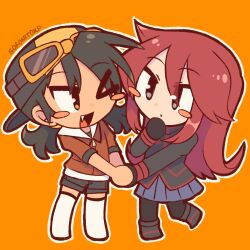  &gt;_o 2girls backwards_hat black_gloves black_hair black_jacket black_pantyhose black_shoes black_shorts blush_stickers brown_eyes chibi chibi_only closed_mouth dark-skinned_female dark_skin ethan_(pokemon) fang genderswap genderswap_(mtf) gloves goggles goggles_on_headwear grey_eyes grey_skirt hair_between_eyes hand_grab hat highres jacket long_hair long_sleeves looking_at_another multiple_girls one_eye_closed open_mouth orange_background pantyhose pleated_skirt pokemon pokemon_adventures red_hair shoes shorts silver_(pokemon) simple_background skirt smile sofo_soup thigh-highs tongue white_thighhighs 