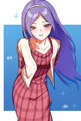  1girl aono_miki arms_behind_back blush cardigan checkered_clothes collarbone dress fresh_precure! gradient_background hairband highres long_dress long_hair looking_at_viewer misao_koinu open_cardigan open_clothes open_mouth precure purple_hair red_dress simple_background sleeveless sleeveless_jacket solo solo_focus sparkle translation_request violet_eyes white_hairband 