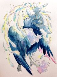  alternate_color animal_focus claws commentary_request full_body highres honchkrow mint_nappa no_humans open_mouth painting_(medium) paper_texture pokemon pokemon_(creature) riding shiny_pokemon simple_background traditional_media umbreon watercolor_(medium) 