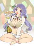  1girl apple_pie barefoot bra breasts cleavage flower hair_flower hair_ornament highres indian_style lavender_eyes lavender_hair long_hair low_twintails navel open_mouth panties sitting solo touhou tsukumo_benben tsuutenkaaku twintails underwear 