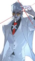  1boy hair_slicked_back heart_bobo highres loose_hair_strand male_focus mullet necktie red_necktie snapping_fingers solo suit tinted_eyewear to_be_hero to_be_hero_x vest white_suit white_vest x_(to_be_hero_x) x_ornament yellow-tinted_eyewear 