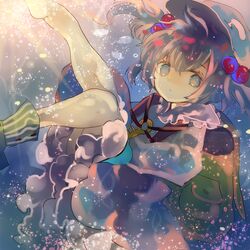  1girl backpack bag barefoot black_hair blue_eyes boots boots_removed bubble cha_goma dress floating_hair frilled_skirt frills hair_bobbles hair_ornament kawashiro_nitori light_rays light_trail long_sleeves looking_at_viewer shirt short_hair skirt skirt_set solo sunbeam sunlight touhou twintails underwater water wet wet_clothes 