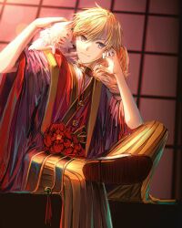  1boy animal_on_shoulder baby_animal belt belt_buckle black_belt black_jacket black_kimono blonde_hair bright_pupils buckle closed_mouth foot_out_of_frame grey_eyes hair_between_eyes hakama hakama_pants hand_on_own_face haori highres jacket japanese_clothes kimono leg_up light_rays loen_(shining_nikki) looking_at_viewer male_focus nikki_(series) outdoors pants petting shining_nikki short_hair short_kimono shouji sliding_doors smile solo subarwu_u tsurime veranda white_pupils yellow_hakama 