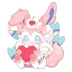  animal_focus apron blue_eyes blush bow cherry commentary_request food frills fruit heart maaari_pkmn no_humans pokemon pokemon_(creature) pokemon_focus simple_background smile solo sprinkles sylveon tongue tongue_out whipped_cream white_background 