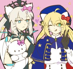  2girls absurdres alizi795 artoria_caster_(fate) artoria_caster_(second_ascension)_(fate) artoria_pendragon_(fate) black_bow black_dress black_gloves black_tiara blonde_hair blue_eyes bow dress fate/grand_order fate_(series) gloves green_eyes hair_between_eyes hair_bow hat hello_kitty_(character) highres long_hair morgan_le_fay_(fate) morgan_le_fay_(third_ascension)_(fate) multiple_girls one_eye_closed ponytail spikes tiara very_long_hair white_hair 