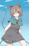  1girl akagashi_hagane animal_ears artist_name capelet dowsing_rod grey_hair highres jewelry mouse mouse_ears mouse_tail nazrin pendant red_eyes short_hair skirt smile solo tail touhou 