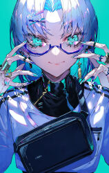  1girl absurdres aqua_background bag black_bag blue-framed_eyewear blue_eyes blue_hair colored_inner_hair ear_piercing earrings fanny_pack glasses gradient_hair hair_ornament hairclip hands_on_eyewear highres jewelry light_smile looking_at_viewer mismatched_earrings multicolored_hair multiple_rings mura_karuki nail_polish original piercing ring shirt solo white_hair white_shirt zipper_pull_tab 