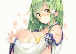  1girl adapted_costume bikini breast_press breasts collarbone detached_sleeves frog_hair_ornament gradient_eyes green_eyes green_hair hair_ornament hands_together interlocked_fingers kochiya_sanae large_breasts leg_hug long_hair looking_at_viewer multicolored_eyes sitting solo swimsuit symbol-shaped_pupils touhou wide_sleeves yellow_bikini yukizumi_remon 