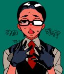  1boy black_hair blood blush dated dress_shirt glasses gloves green_background joseph_oda male marubotan necktie nosebleed shirt short_hair solo sweat the_evil_within tie_clip tongue tongue_out vest 