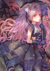  1girl :o absurdres animal_print bat_(animal) black_boots black_dress black_gloves black_hat black_pantyhose black_ribbon boots bright_pupils broom castle cat_hair_ornament cat_print clouds cloudy_sky collar constellation_print cowboy_shot cross cross-laced_clothes cross-laced_dress cross_print dress eyelashes frilled_dress frilled_footwear frilled_headwear frilled_sleeves frills gloves gradient_hair hair_ornament hair_ribbon halloween hat highres hinori_(hinorinr) holding holding_broom lace-trimmed_collar lace-trimmed_dress lace_trim light_blush long_hair looking_at_viewer midnight_witch_(shining_nikki) multicolored_hair nikki_(series) official_alternate_color open_mouth outdoors pantyhose pink_hair pleated_dress pointy_nose pumpkin_witch_(shining_nikki) purple_collar purple_hair red_sky ribbon shining_nikki short_dress short_sleeves sky solo standing star_(symbol) star_print striped_clothes striped_pantyhose tombstone turtleneck two-tone_pantyhose very_long_hair violet_eyes wavy_hair white_pantyhose white_pupils witch_hat 