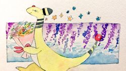  ampharos border bouquet closed_mouth commentary_request feet_out_of_frame flower highres holding holding_bouquet mint_nappa no_humans painting_(medium) pokemon pokemon_(creature) solo star_(symbol) tears traditional_media watercolor_(medium) white_border wisteria 