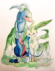  animal_focus claws closed_mouth commentary_request full_body highres houndoom leafeon looking_at_viewer mint_nappa no_humans painting_(medium) pokemon pokemon_(creature) red_eyes traditional_media watercolor_(medium) white_background 
