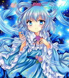  1girl blue_dress blue_eyes blue_hair closed_mouth dress flower hagoromo hair_flower hair_ornament hair_rings kaku_seiga long_hair long_sleeves looking_at_viewer marker_(medium) neck_ribbon ribbon rui_(sugar3) sample_watermark shawl smile solo touhou traditional_media upper_body watermark wide_sleeves 