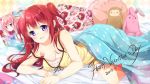  1girl :d bed breasts cleavage happy_valentine long_hair looking_at_viewer lying mocha_(naturefour) on_stomach open_mouth original pillow redhead smile solo stuffed_animal stuffed_bunny stuffed_toy two_side_up under_covers violet_eyes 
