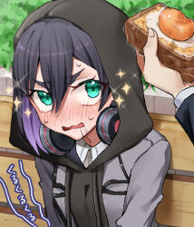  1boy 1girl aijou_rentarou black_hair black_hoodie blurry blurry_foreground blush bread bread_slice bush collared_shirt commentary_request day drooling food fried_egg fried_egg_on_toast from_above furrowed_brow green_eyes grey_jacket hair_between_eyes haraga_kurumi headphones headphones_around_neck highres hiiro_(kiiro_ex) holding holding_food hood hood_up hoodie hungry jacket kimi_no_koto_ga_dai_dai_dai_dai_daisuki_na_100-nin_no_kanojo looking_at_food looking_up multicolored_hair nose_blush ohananomitsu_middle_school_uniform on_bench open_mouth out_of_frame outdoors purple_hair saliva school_uniform shirt short_hair solo_focus sparkle stomach_growling tears thick_eyebrows toast twitter_username upper_body v-shaped_eyebrows wavy_mouth white_shirt 