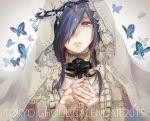  1girl butterfly christmas_lights detached_sleeves dress fuurin hair_over_one_eye kirishima_touka looking_at_viewer purple_hair short_hair sleeves_past_wrists solo tokyo_ghoul veil wedding_dress white_background 